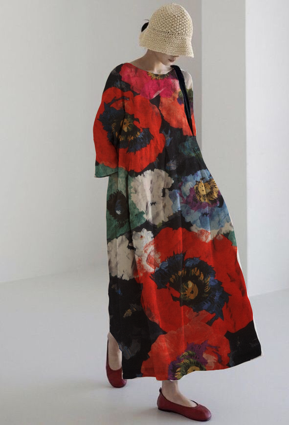 ROSALIA | Midi Kjole med Maksimal Komfort og Intens Blomsterprint for Et Slående Look