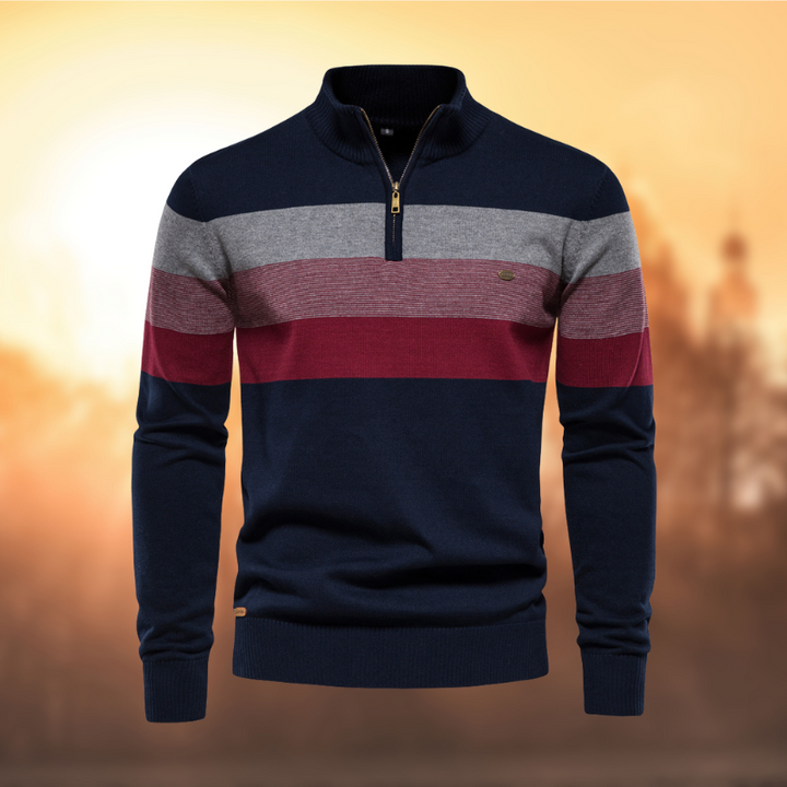 Dennis | Herresweater med Stribet Lynlås og Ribkrave