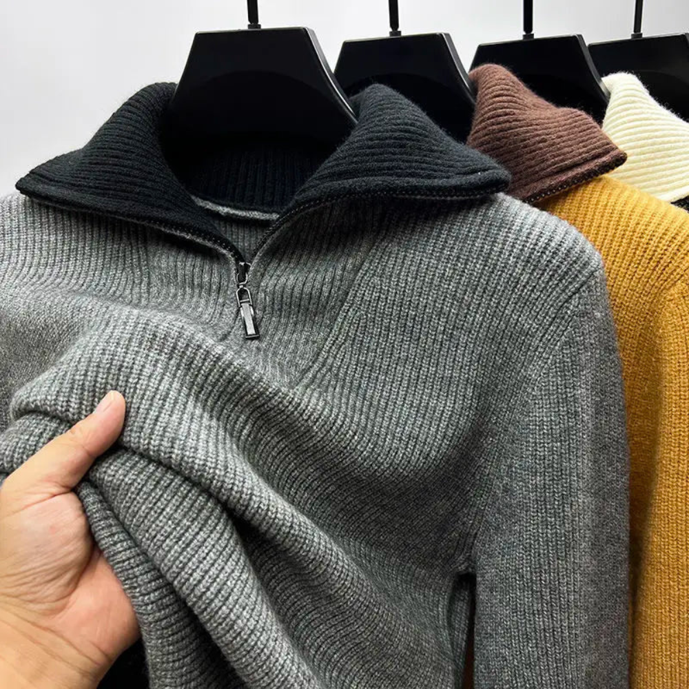 Vigge | Herresweater med Ribstruktur og Lynlås Krave