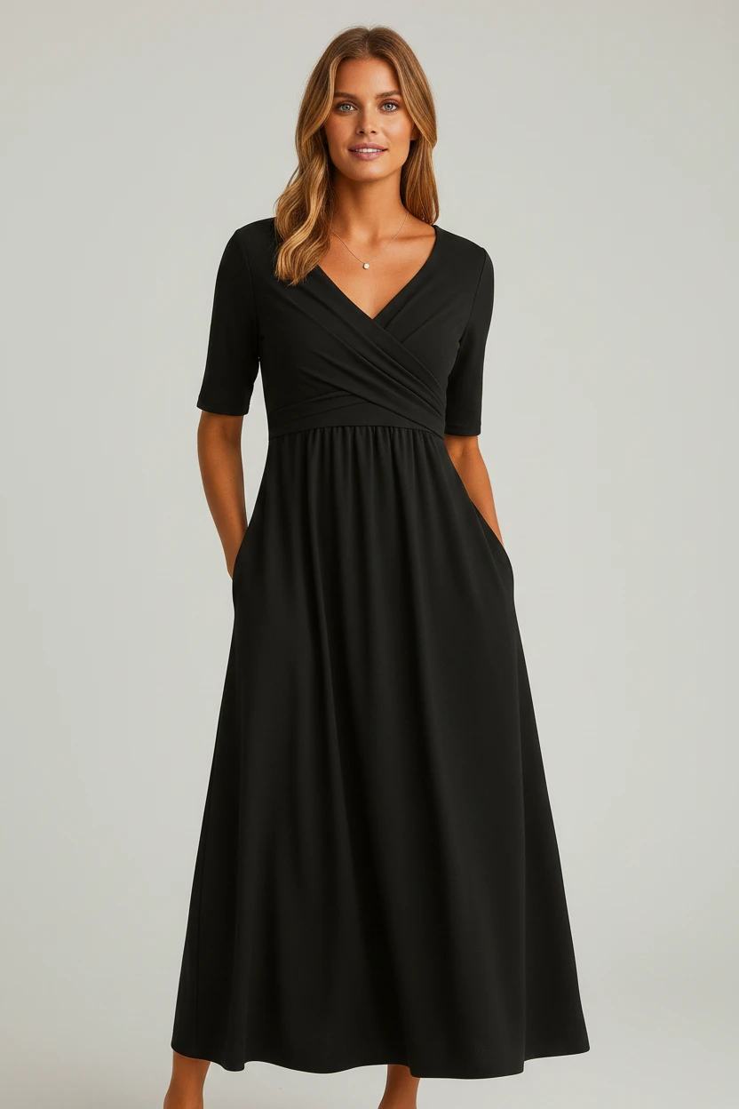 Dame Elegant Midi Sommerkjole med V-Udskæring