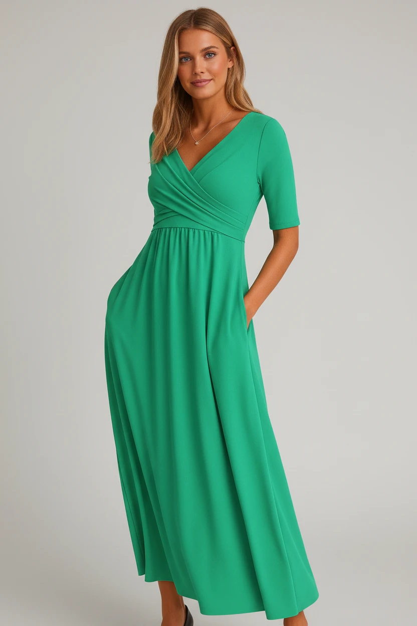 Dame Elegant Midi Sommerkjole med V-Udskæring