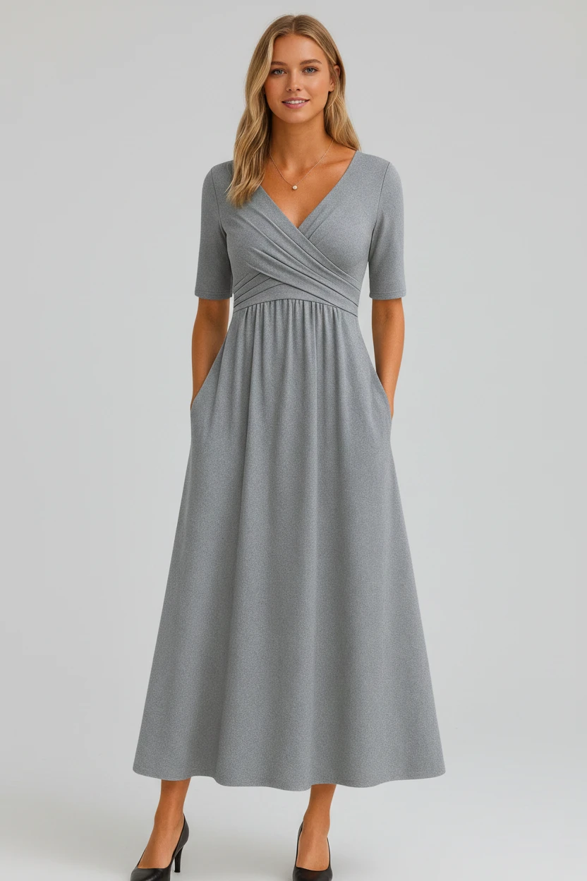 Dame Elegant Midi Sommerkjole med V-Udskæring