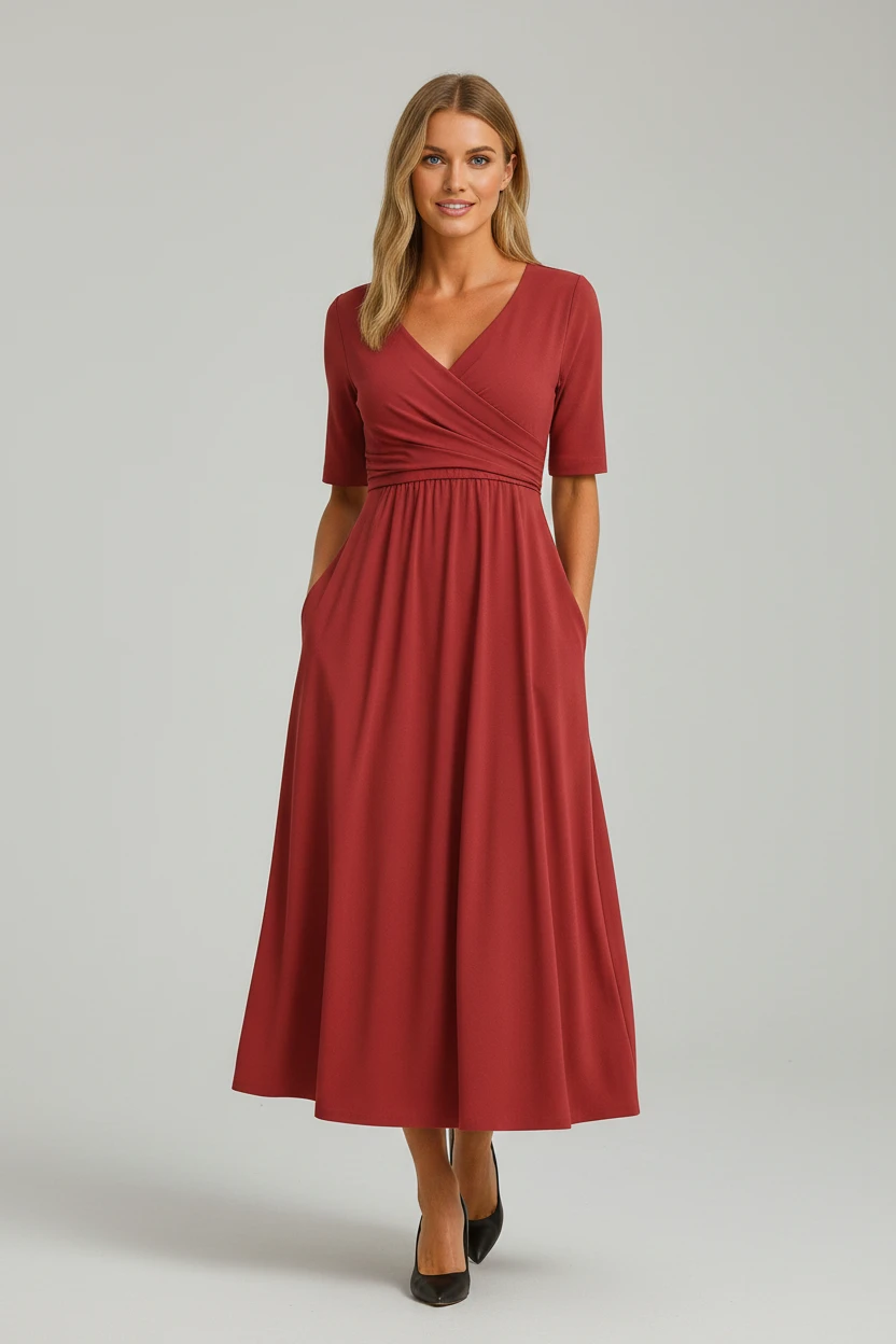 Dame Elegant Midi Sommerkjole med V-Udskæring