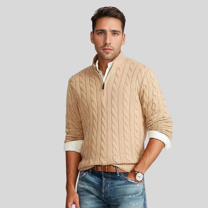 Esben | Herresweater med Kabelstrik og Lynlås