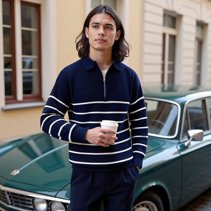 Erik | Herresweater med Stribet Lynlås og Ribkrave