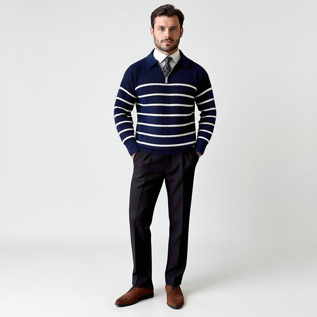 Erik | Herresweater med Stribet Lynlås og Ribkrave
