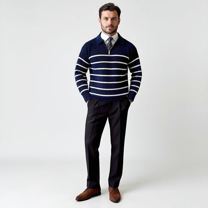Erik | Herresweater med Stribet Lynlås og Ribkrave