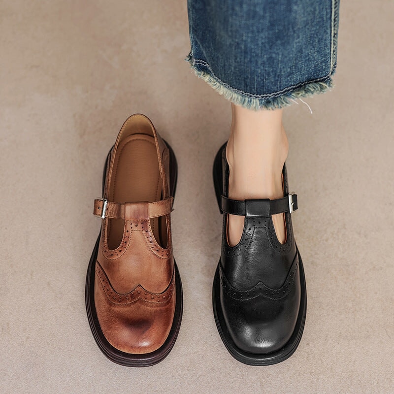 Elsbeth – Vintage læder T‑bar balletsko